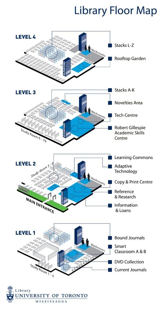 Mapa uniwersytetu w Toronto Миссисауга poziomie biblioteki 