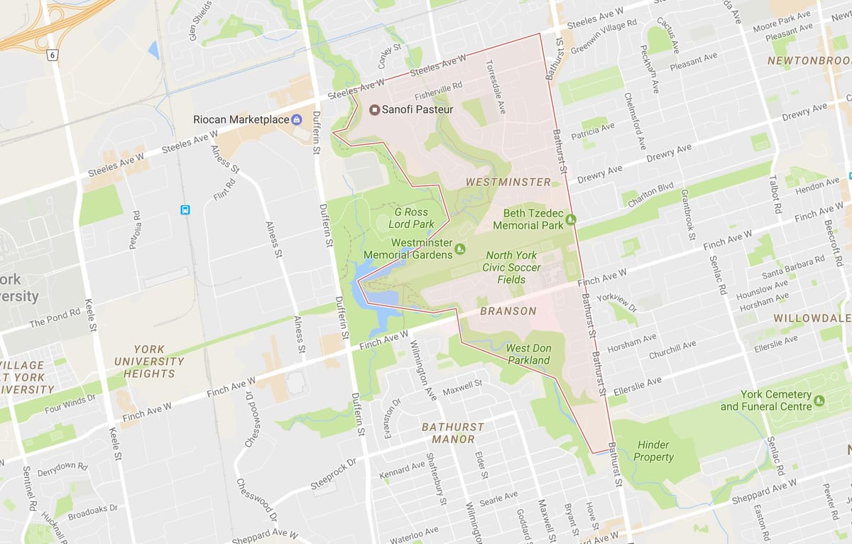 Mapa Westminster–Branson theater district dzielnicy Toronto