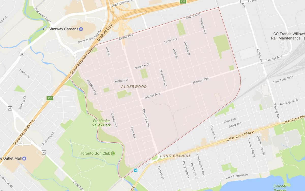 Mapa Алдервуд Парквью dzielnicy Toronto