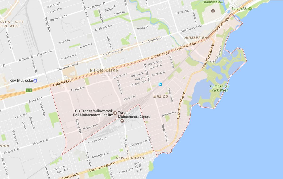 Mapa Мимико dzielnicy Toronto