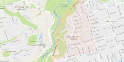 Mapa Бродвью Północnego przedmieścia Toronto