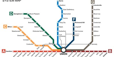Mapa Toronto pociągi tranzytem