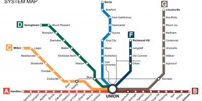 Mapa Toronto pociągi tranzytem