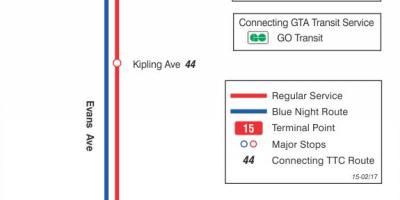 Mapa TTS 15 Evans autobus na trasie Toronto