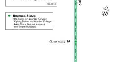Mapa TTC 188 Kipling rakiety Południowego dworca autobusowego trasy Toronto