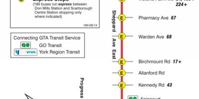 Mapa TTC 190 Scarborough Centrum rocket linii autobusowej Toronto