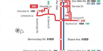 Mapa TTC 34 Eglinton Wschodniego dworca autobusowego trasy Toronto