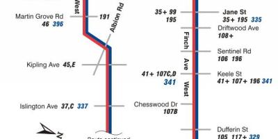 Mapa TTS 36 Finch Zachodniego autobus na trasie Toronto