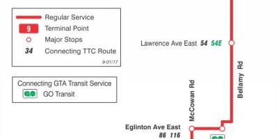 Mapa TTC 9 Bellamy autobus na trasie Toronto