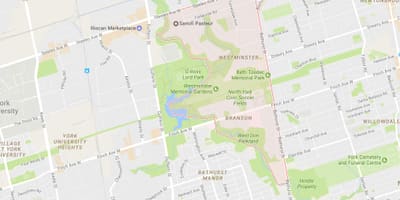 Mapa Westminster–Branson theater district dzielnicy Toronto